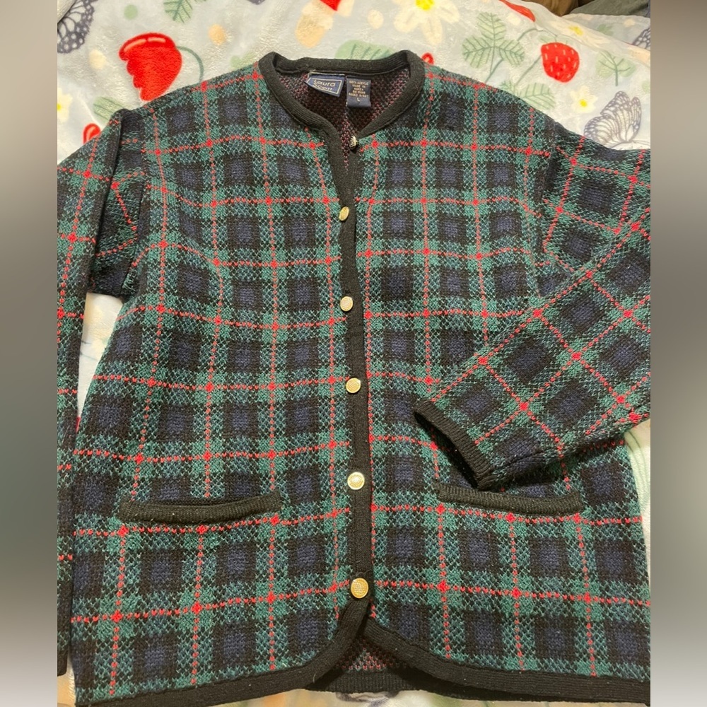 Vintage Laura Scott Plaid Knit Button Front Cardigan